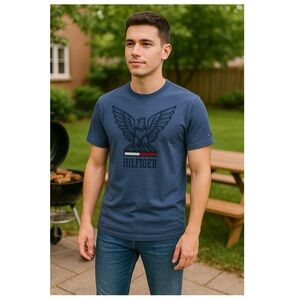 TOMMY HILFIGER Y2K Navy Blue Eagle Crest Graphic Tee Embroidered Logo Sz L  Prep